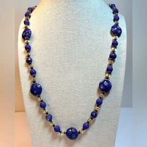RARE Vintage Venetian Millefiori Cobalt Blue Glass Beaded necklace Hand Knotted